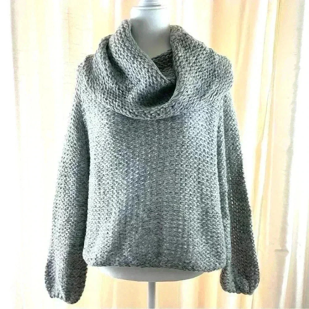 NWOT Debut Nordstrom Gray Loose Knit Crop Cowl Neck Cinch Waist Sweater Size S - Picture 2 of 12